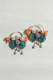 Green Cowrie Shell & Bead Hand Embroidered Hoop Earrings