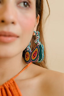 Green Floral Motif Hand Embroidered Hoop Earrings