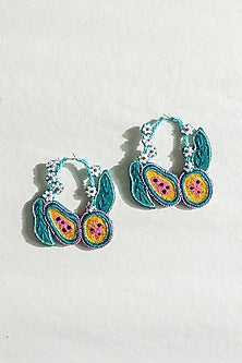 Green Floral Motif Hand Embroidered Hoop Earrings