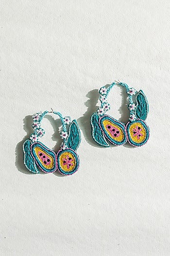 Green Floral Motif Hand Embroidered Hoop Earrings