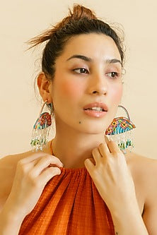 Green Floral Motif & Bead Hand Embroidered Hoop Earrings
