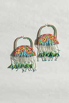 Green Floral Motif & Bead Hand Embroidered Hoop Earrings