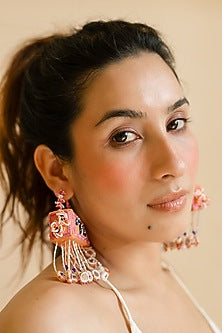 Peach Lady Bug & Floral Motif Cuboid 3D Hoop Earrings