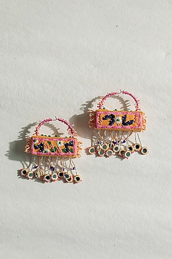 Peach Lady Bug & Floral Motif Cuboid 3D Hoop Earrings