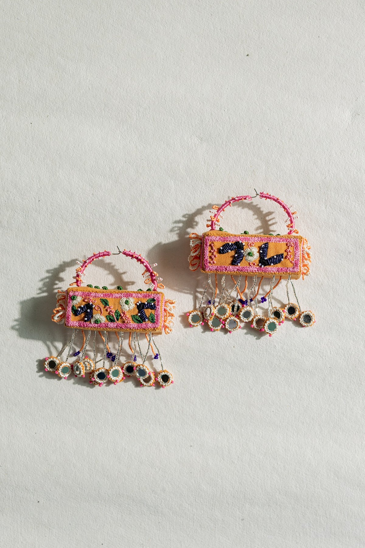 Peach Lady Bug & Floral Motif Cuboid 3D Hoop Earrings