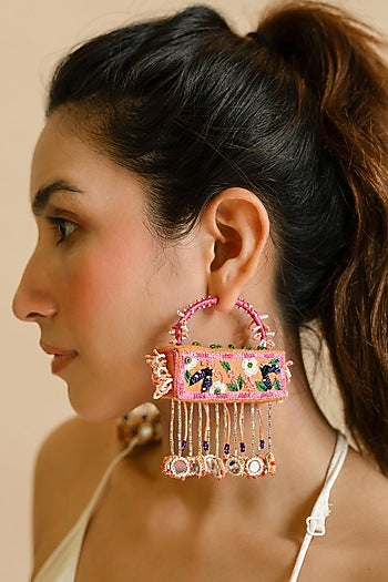 Peach Lady Bug & Floral Motif Cuboid 3D Hoop Earrings