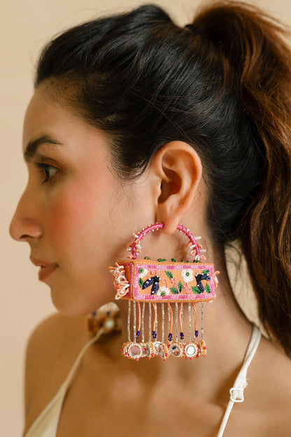 Peach Lady Bug & Floral Motif Cuboid 3D Hoop Earrings