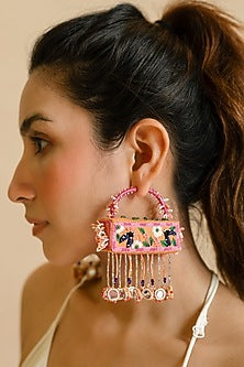 Peach Lady Bug & Floral Motif Cuboid 3D Hoop Earrings