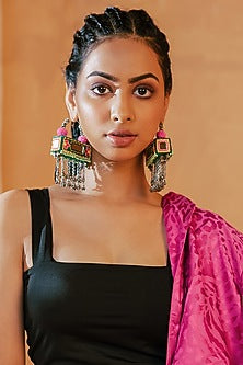 Green Embroidered Hoop Earrings