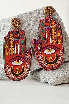 Orange Hand Embroidered Stud Earrings