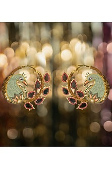 Green Hand Embroidered Peacock Earrings
