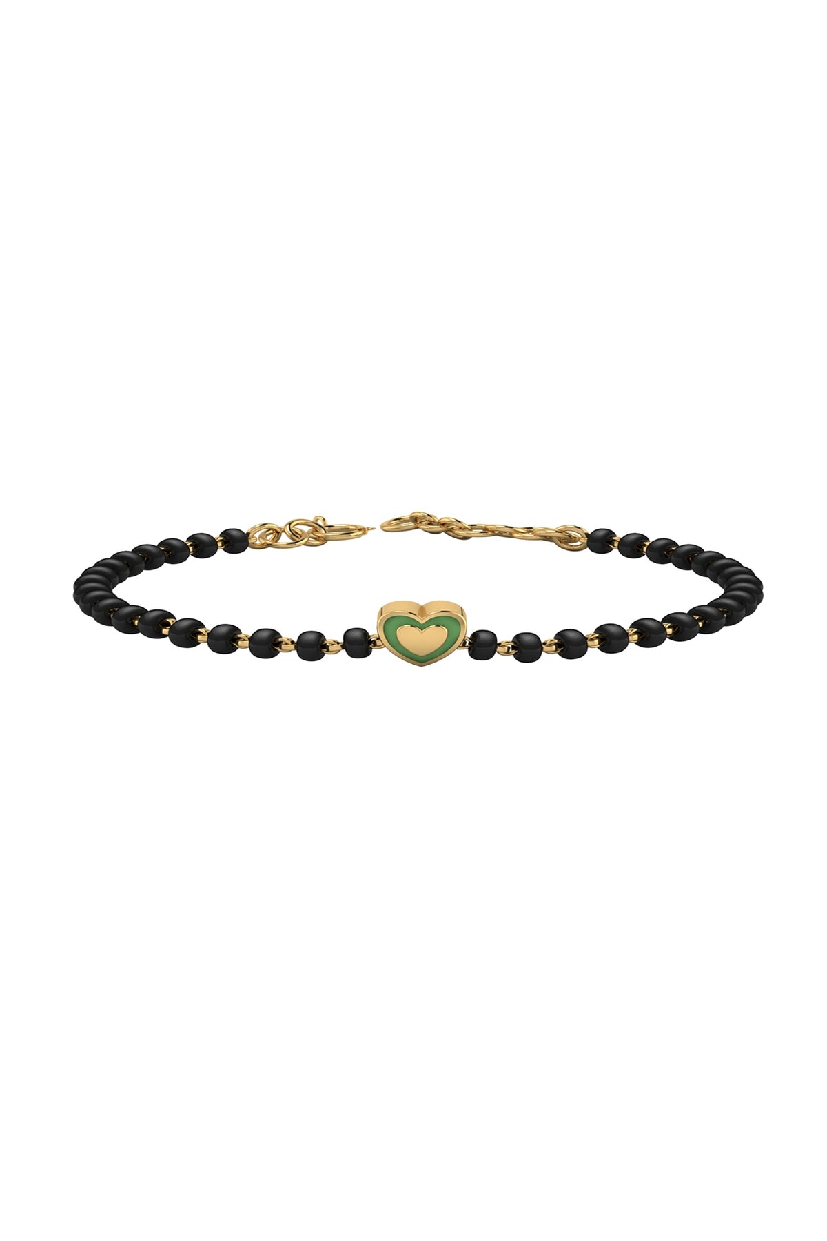 Gold Plated Beaded Bracelet With Green Enamelled Heart In Sterling Silver