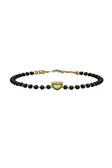 Gold Plated Beaded Bracelet With Green Enamelled Heart In Sterling Silver