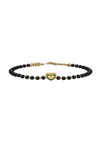 Gold Plated Beaded Bracelet With Green Enamelled Heart In Sterling Silver