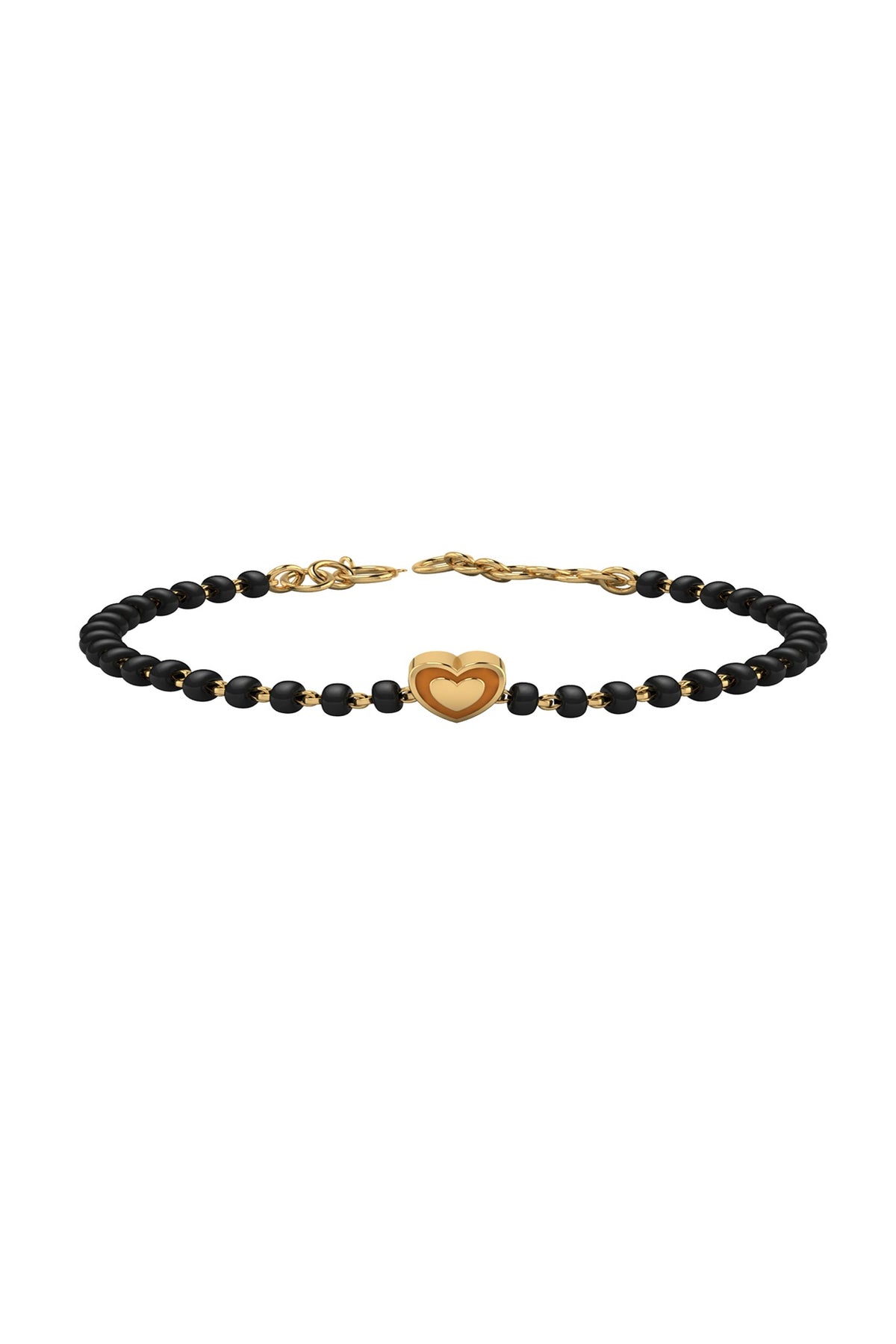 Gold Plated Beaded Bracelet With Orange Enamelled Heart In Sterling Silver