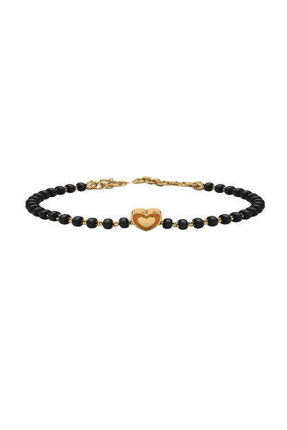 Gold Plated Beaded Bracelet With Orange Enamelled Heart In Sterling Silver
