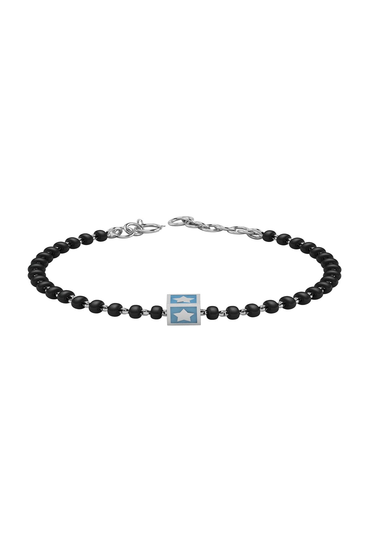White Finish Beaded Bracelet With Blue Square In Sterling Silver