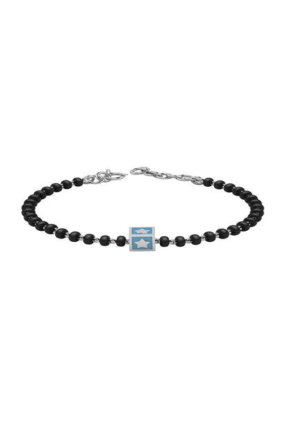 White Finish Beaded Bracelet With Blue Square In Sterling Silver