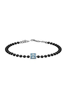 White Finish Beaded Bracelet With Blue Square In Sterling Silver