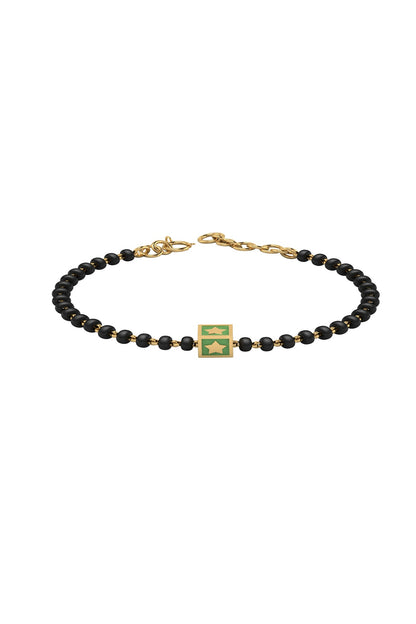 Gold Plated Beaded Bracelet With Green Square In Sterling Silver