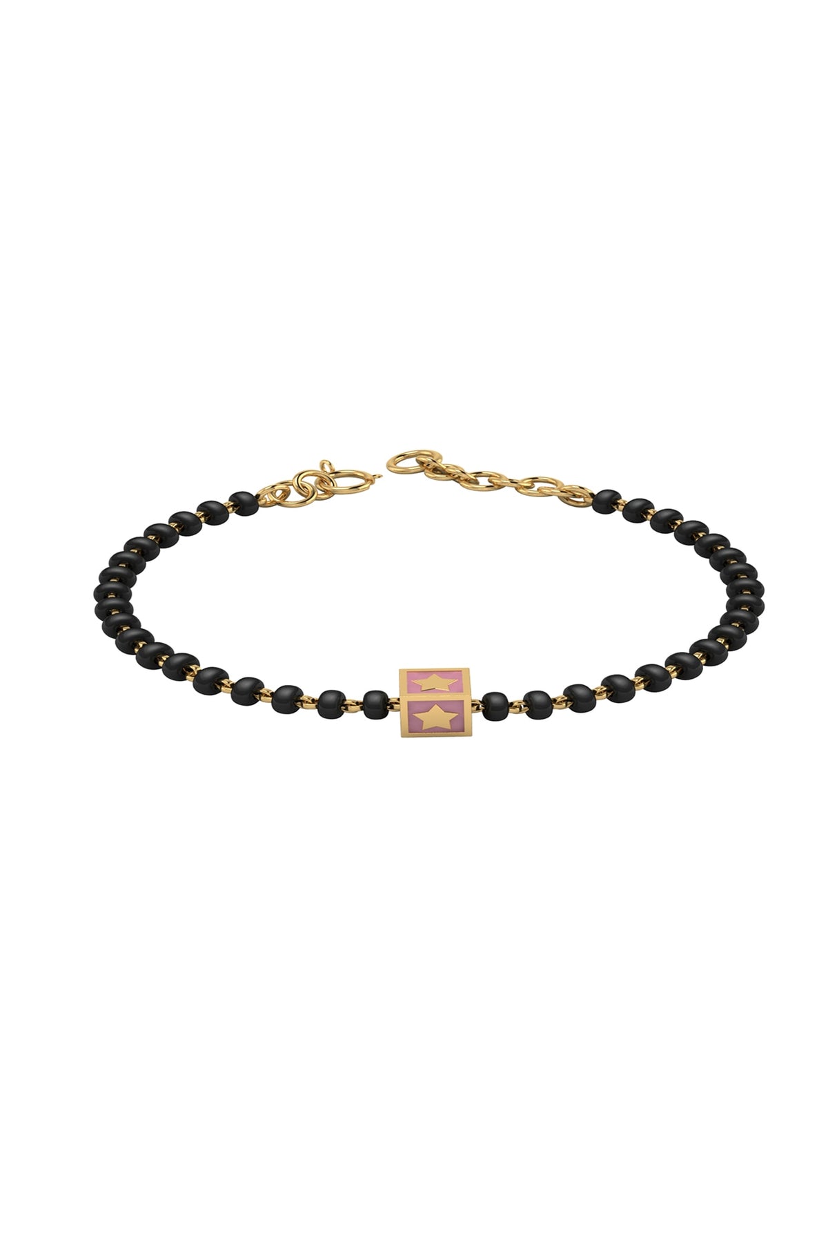 Rose Gold Plated Beaded Bracelet With Pink Square In Sterling Silver