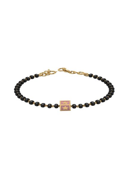 Rose Gold Plated Beaded Bracelet With Pink Square In Sterling Silver