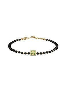 Rose Gold Plated Beaded Bracelet With Green Square In Sterling Silver