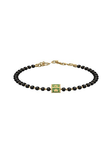 Rose Gold Plated Beaded Bracelet With Green Square In Sterling Silver