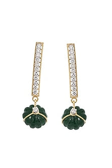 14kt Two-Tone Finish Carved Green Stone & Diamond Dangler Earrings