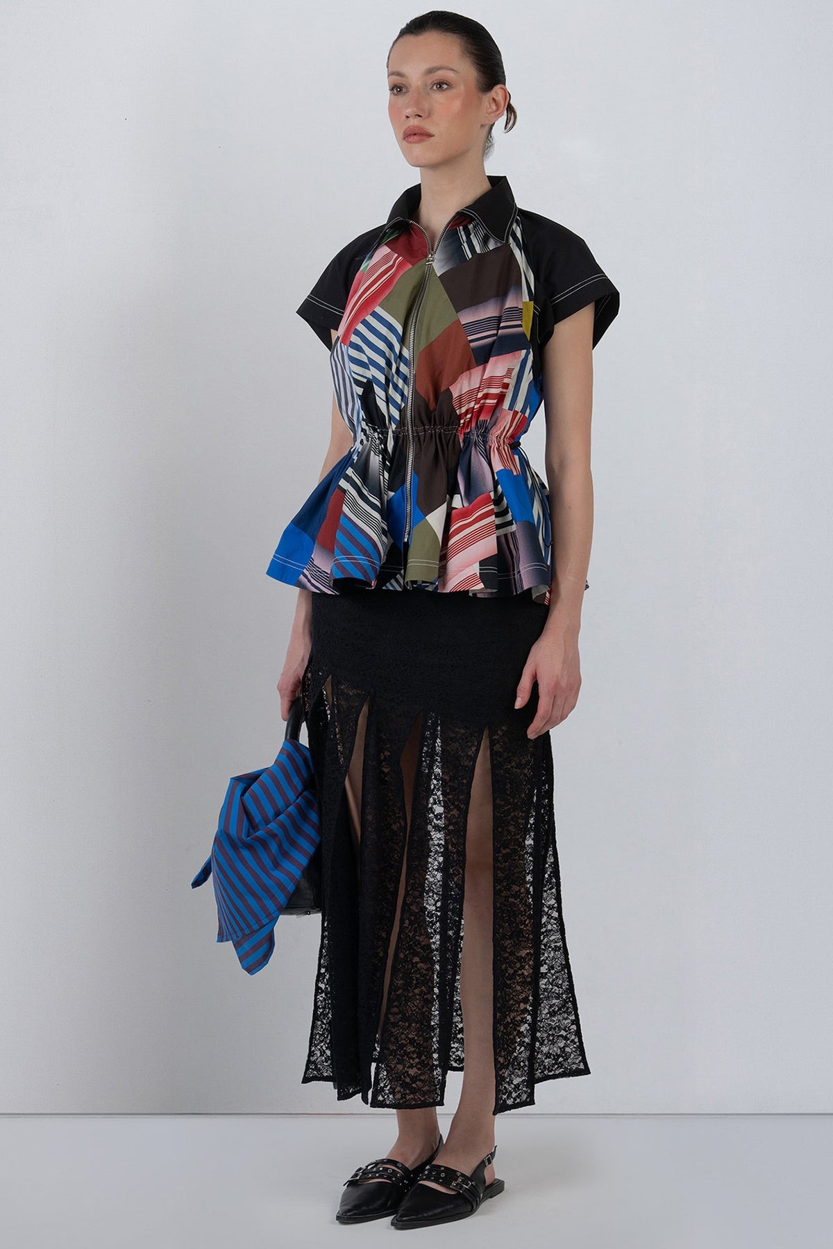 Black Viscose & Polyester Fringed Paneled Skirt