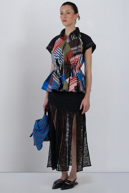Black Viscose & Polyester Fringed Paneled Skirt