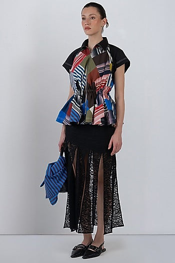 Black Viscose & Polyester Fringed Paneled Skirt