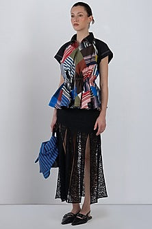 Black Viscose & Polyester Fringed Paneled Skirt