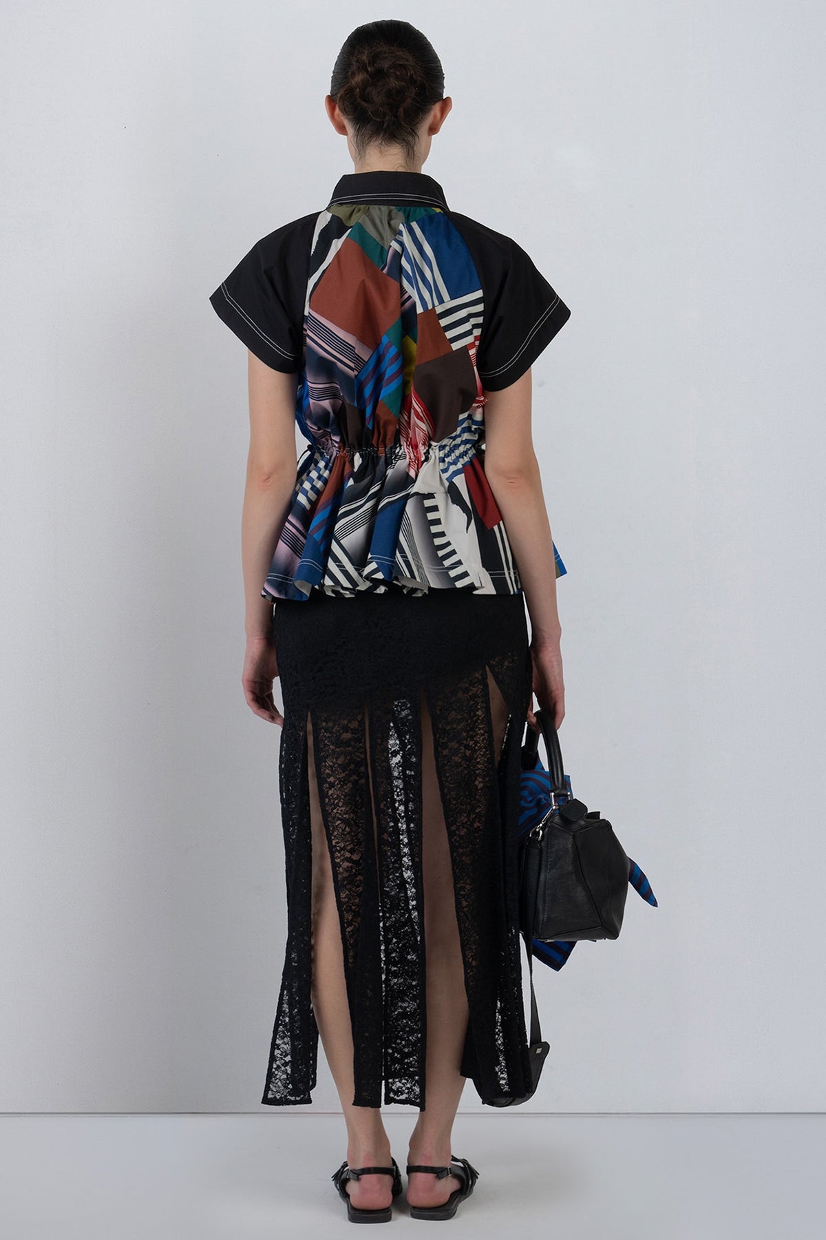 Black Viscose & Polyester Fringed Paneled Skirt