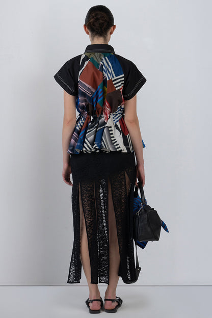Black Viscose & Polyester Fringed Paneled Skirt