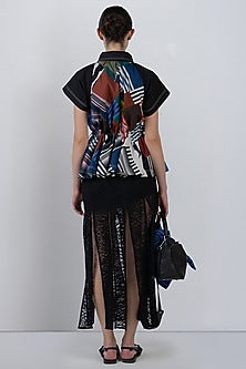 Black Viscose & Polyester Fringed Paneled Skirt