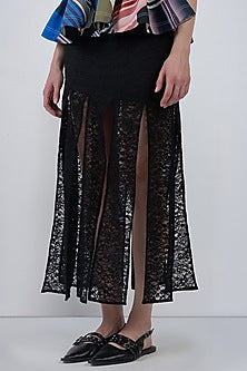 Black Viscose & Polyester Fringed Paneled Skirt