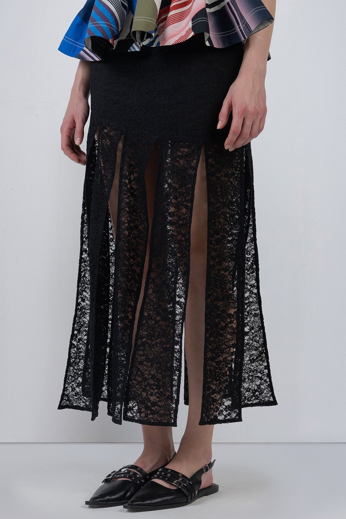 Black Viscose & Polyester Fringed Paneled Skirt