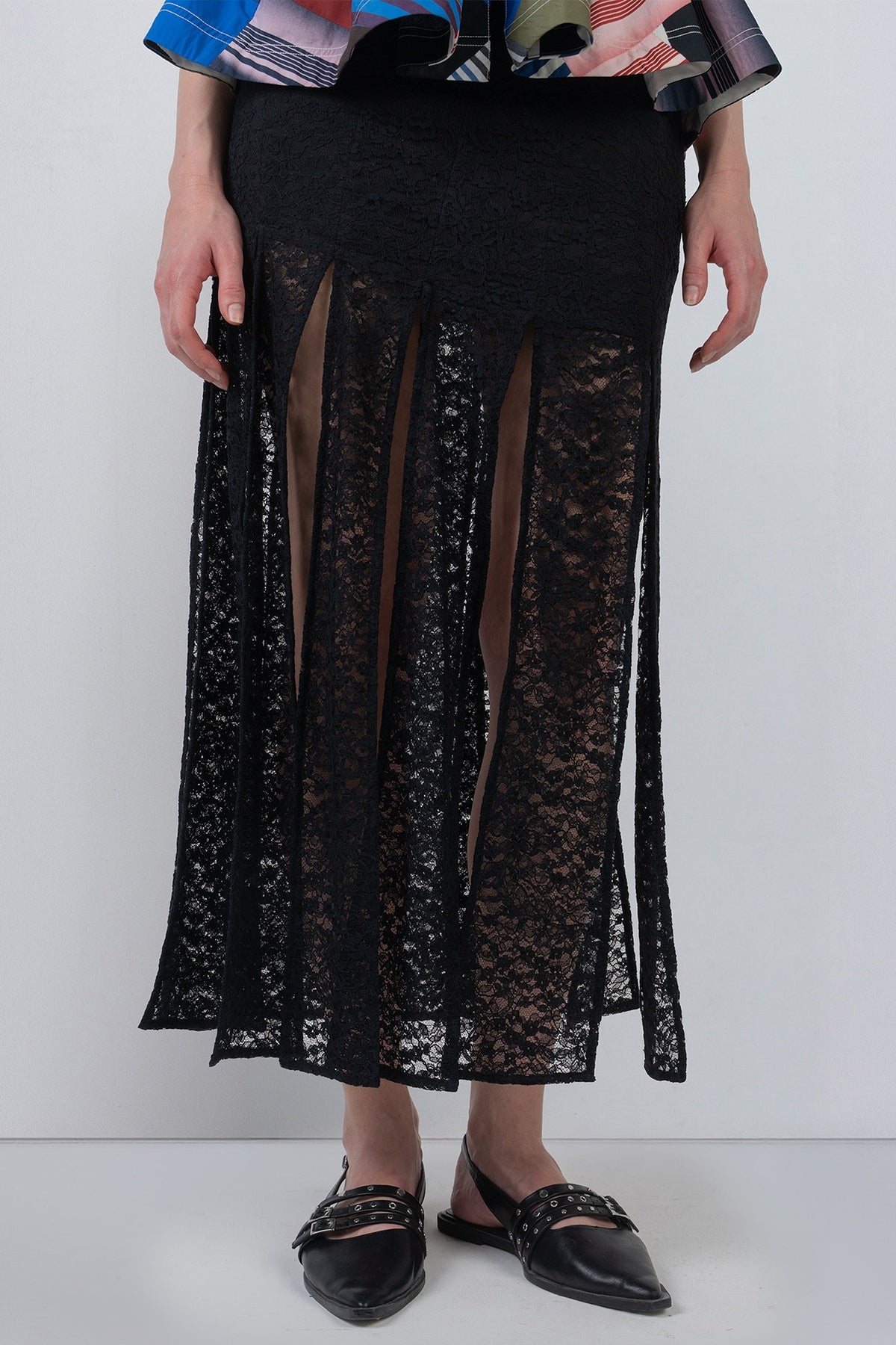 Black Viscose & Polyester Fringed Paneled Skirt