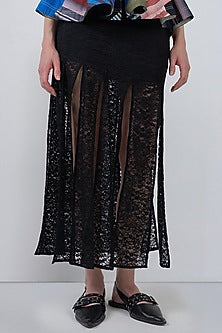 Black Viscose & Polyester Fringed Paneled Skirt