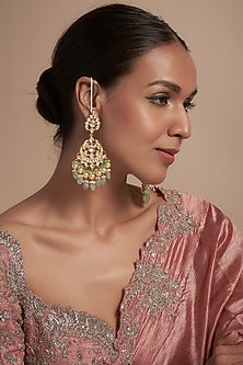 Gold Finish Kundan Polki & Sea Green Beaded Chandbali Earrings