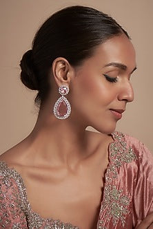 White Finish Zircon & Pink Stone Dangler Earrings