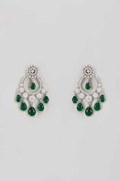 White Finish Zircon & Emerald Dangler Earrings