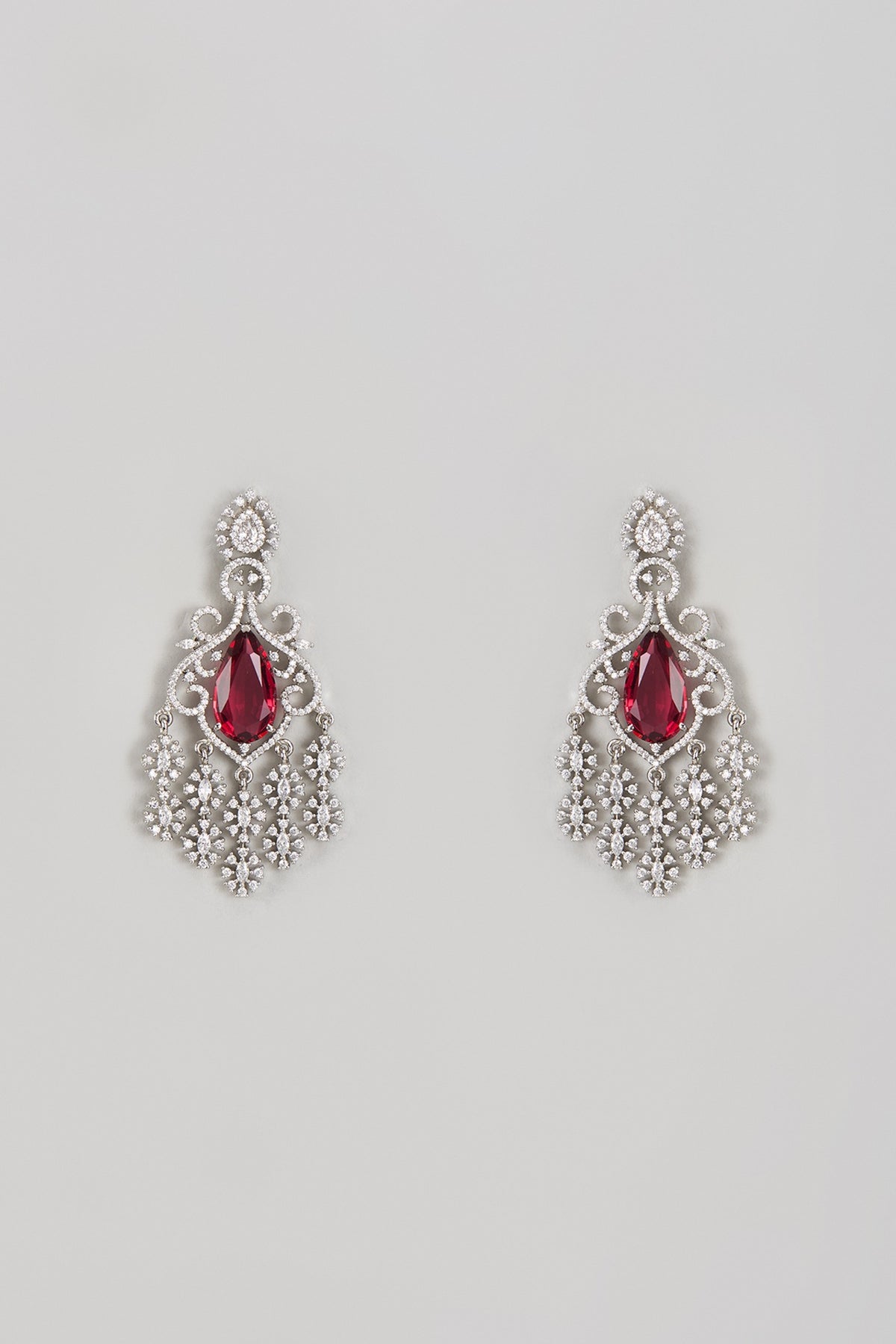 White Finish Zircon & Ruby Dangler Earrings