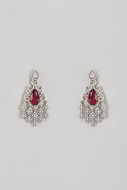 White Finish Zircon & Ruby Dangler Earrings