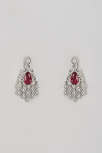 White Finish Zircon & Ruby Dangler Earrings