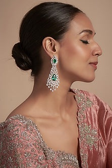 White Finish Zircon & Emerald Dangler Earrings