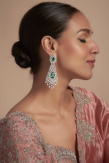 White Finish Zircon & Emerald Dangler Earrings