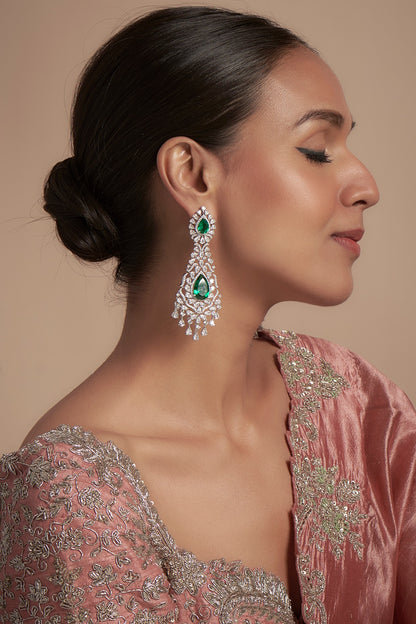 White Finish Zircon & Emerald Dangler Earrings