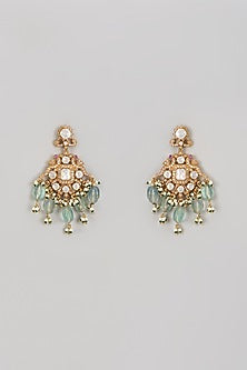 Gold Finish Kundan Polki & Aqua Green Beaded Chandbali Earrings